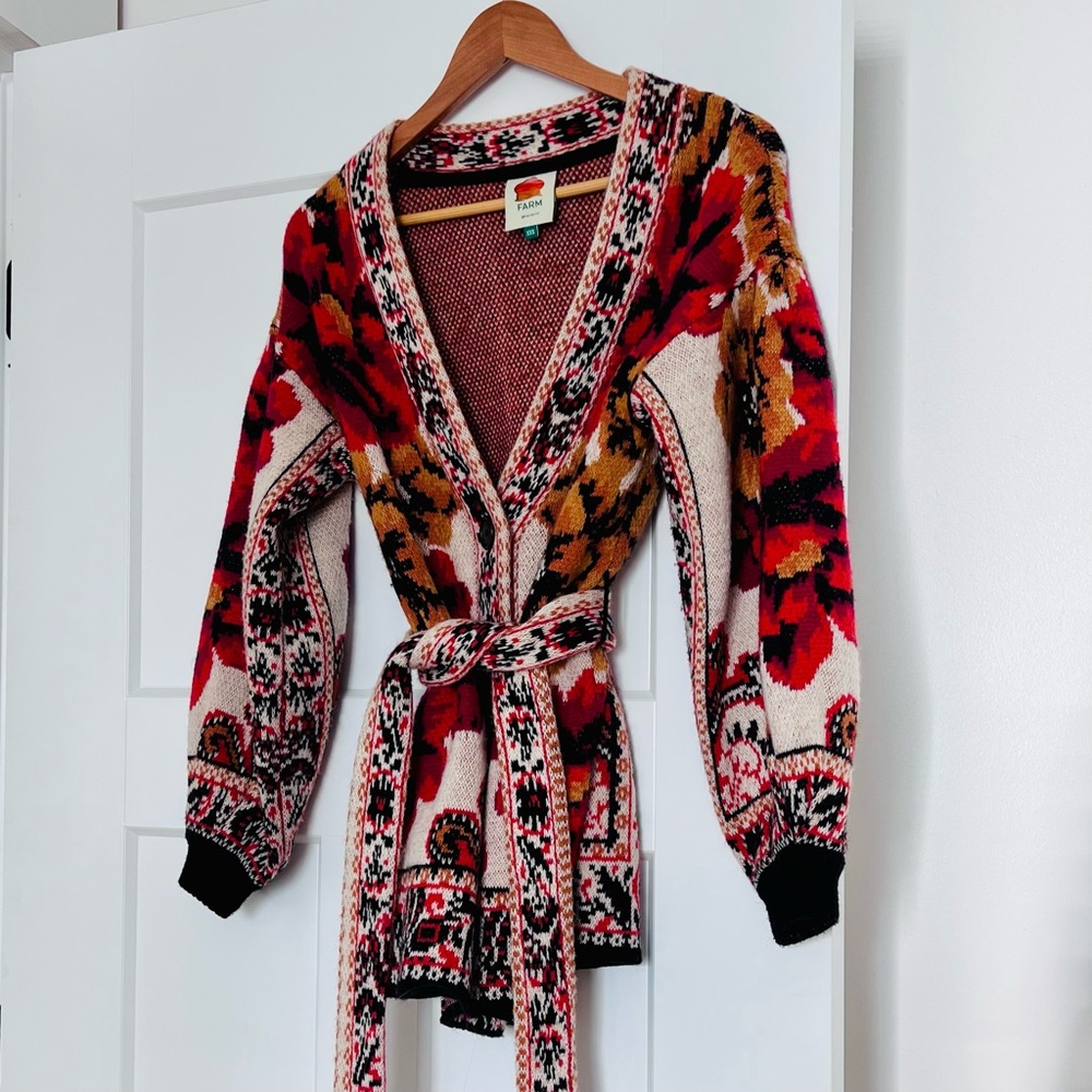 FARM Rio Red & Black Floral Tapestry Cardigan XXS
